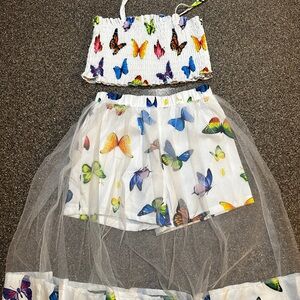 NWOT Girls 2Pc Butterfly Short Set Smock Top and Sheer Skirt Overlay Boutique 5Y